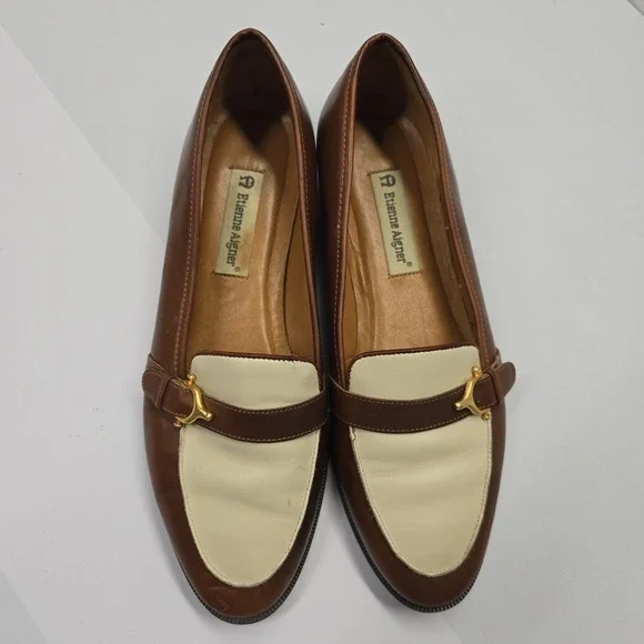 Etienne Aigner Tracy Brown Cream Leather Loafers Gold Bit Size 9.5M Brazil - Picture 2 of 6